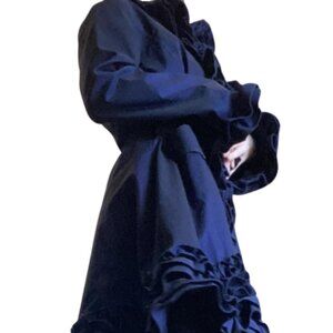Samuel Dong Ruffle Trench Coat Dress Size Medium Midnight Blue Belted Full Zip T